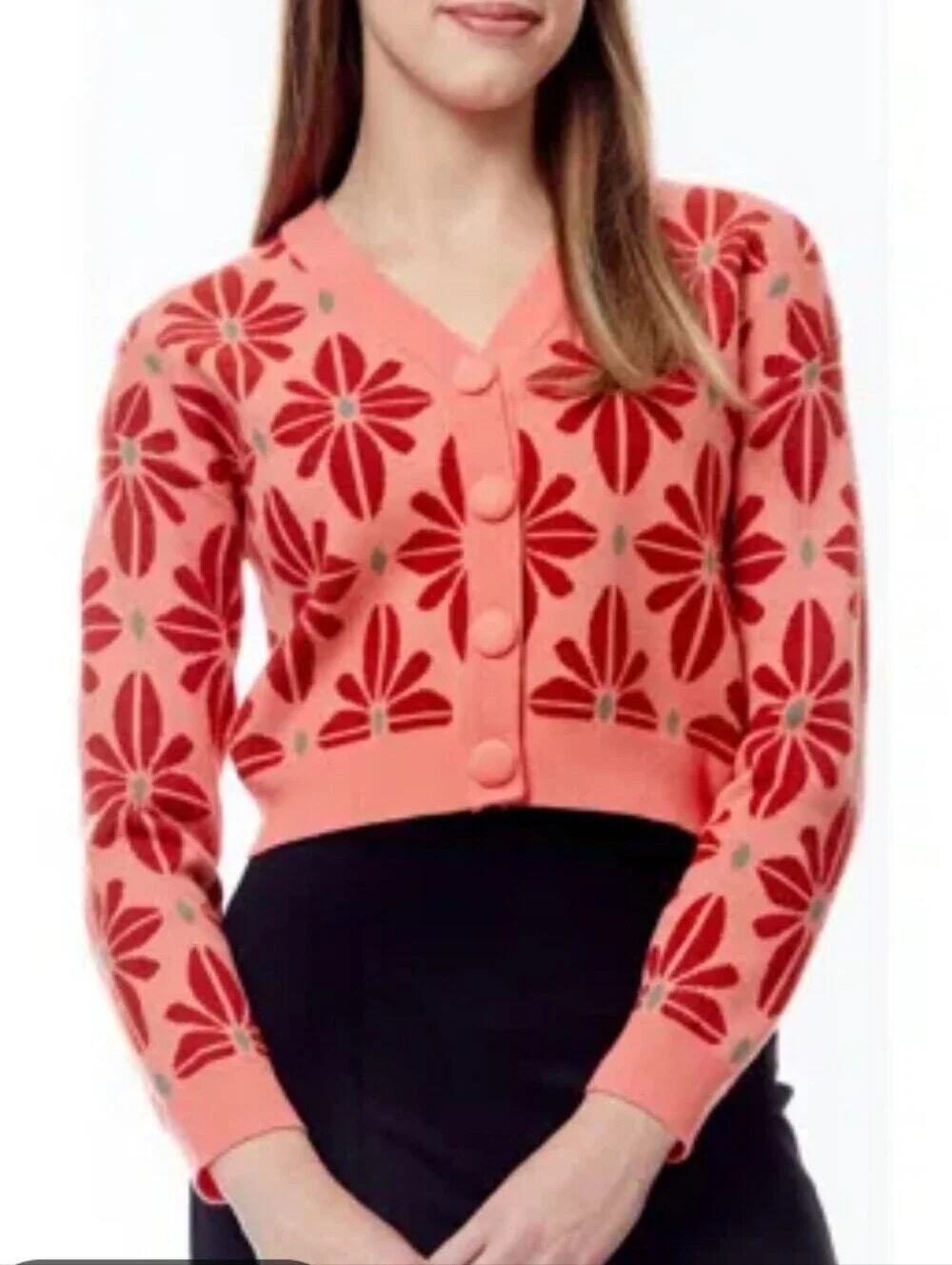 Love by Design Coral Pink Floral Cropped Cardigan Sweater Women's Size medium